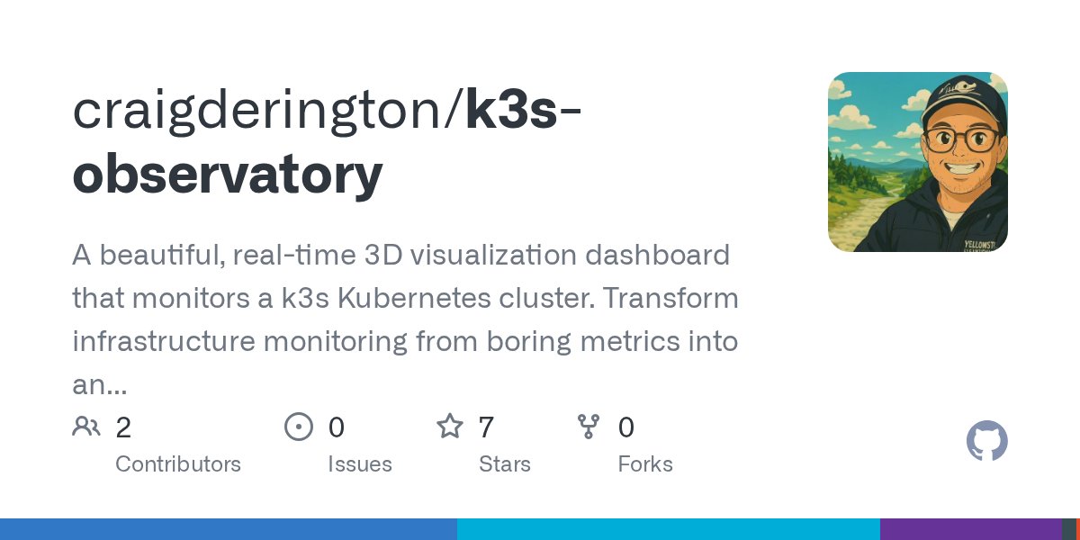 craig_derington's tweet card. A beautiful, real-time 3D visualization dashboard that monitors a k3s Kubernetes cluster. Transform infrastructure monitoring from boring metrics into an engaging, animated experience where you can...