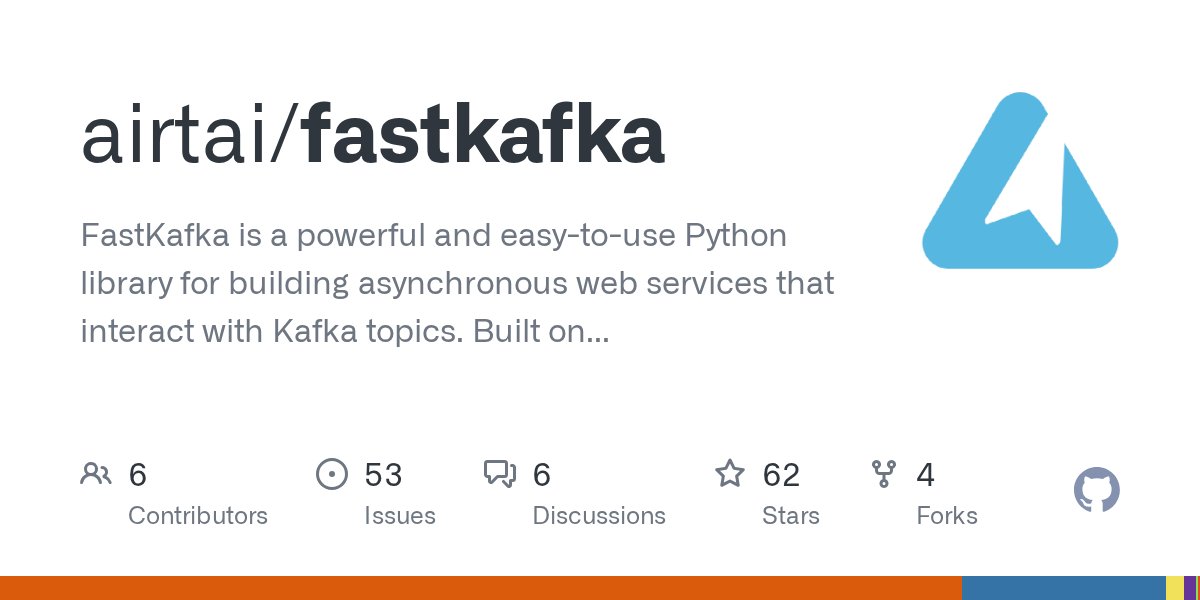 airt_AI's tweet card. FastKafka is a powerful and easy-to-use Python library for building asynchronous web services that interact with Kafka topics. Built on top of Pydantic, AIOKafka and AsyncAPI, FastKafka simplifies ...