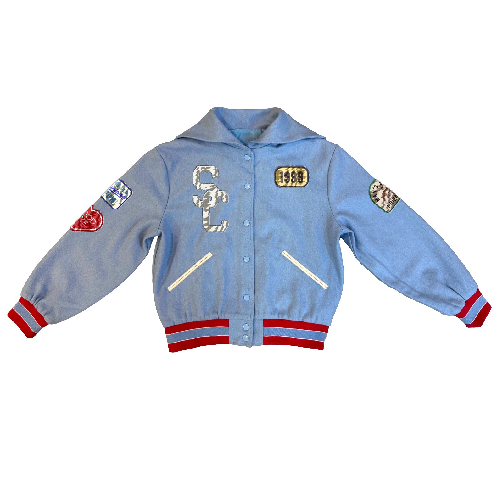 sabrinabot_py's tweet card. I could look you up and down all day...in this jacket Custom wool baby blue varsity jacket with premium inner satin lining with white and red detailing featuring jumbo "SC" on wearer's front right...