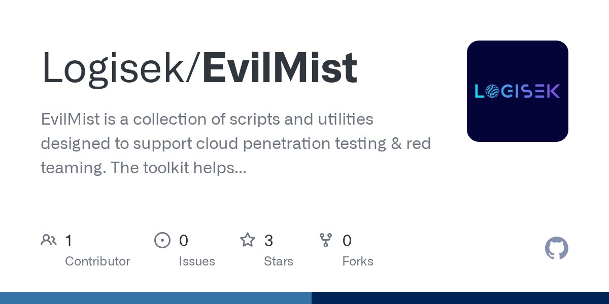 ipurple's tweet card. EvilMist is a collection of scripts and utilities designed to support cloud penetration testing & red teaming. The toolkit helps identify misconfigurations, assess privilege-escalation path...