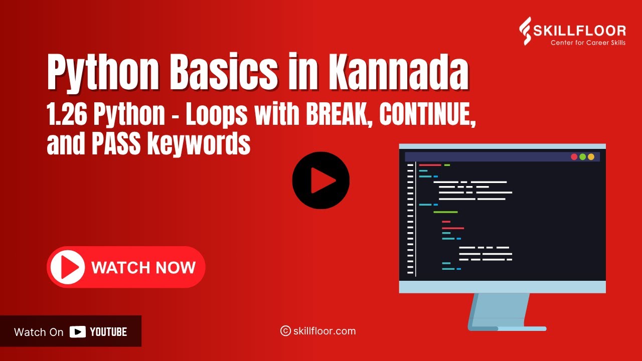 skillfloor's tweet card. Python Loops with BREAK, CONTINUE and PASS keywords | Python Courses...
