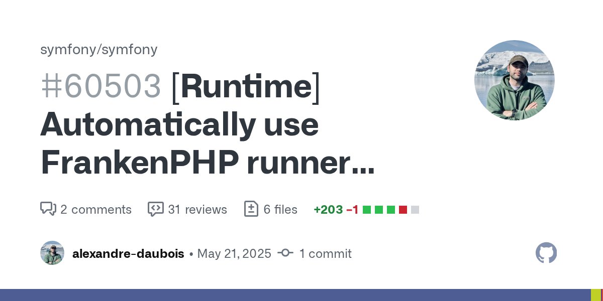 alexdaubois's tweet card. Q A Branch? 7.4 Bug fix? no New feature? yes Deprecations? no Issues - License MIT Currently, to use FrankenPHP worker mode, you have to install the runtime/frankenphp-symfony pack...