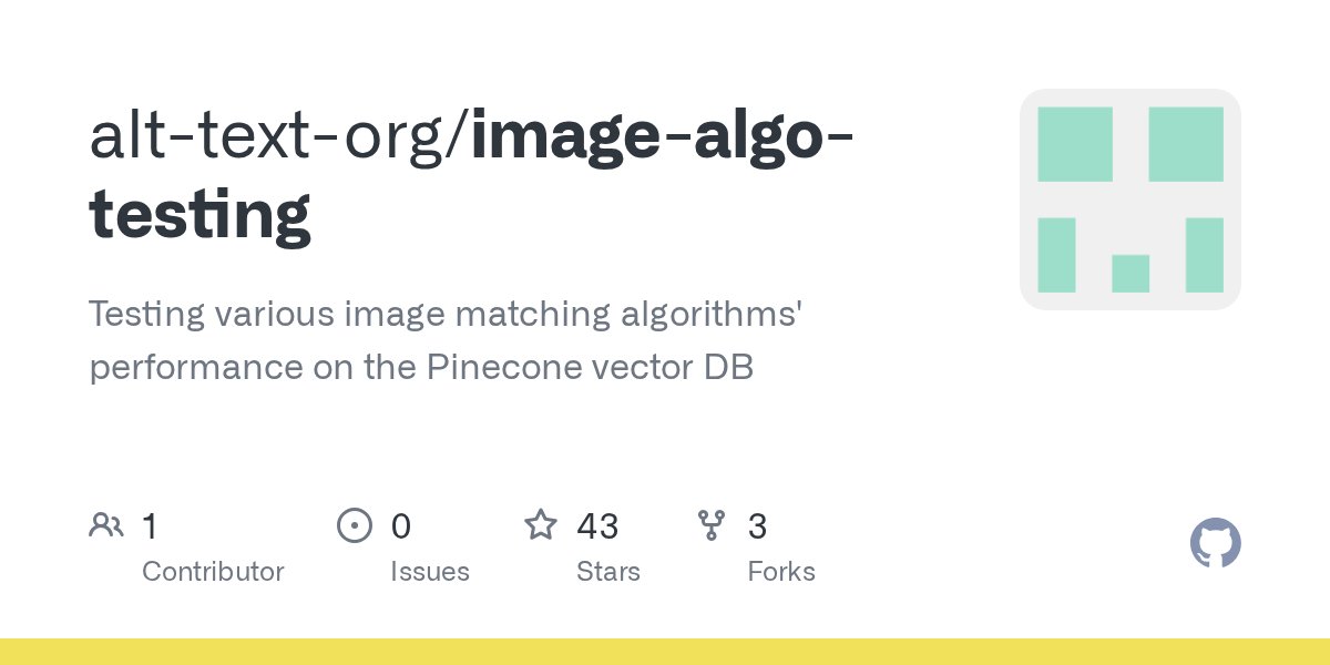 AltTextOrg's tweet card. Testing various image matching algorithms' performance on the Pinecone vector DB - alt-text-org/image-algo-testing