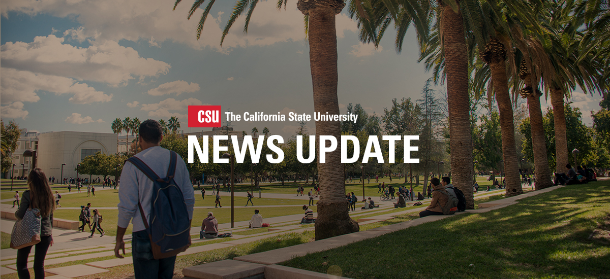 calstate's tweet card. All 23 CSU campuses will continue with coursework primarily delivered virtually, announced Chancellor White.