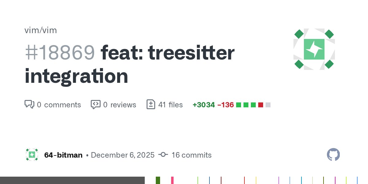 mattn_jp's tweet card. This PR doesn't actually do anything useful for the end user, all it does is just expose the treesitter C API through vimscript, which is what Neovim does except they use Lua. I suppose the...