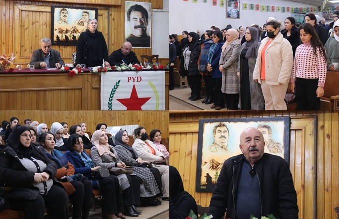 PYD_Rojava's tweet card. عقد حزب الاتحاد الديمقراطي PYD، اليوم السبت، اجتماعاً موسعاً في نقابة العمال في رميلان، بحضور عدد من المعلمين والمعلمات من