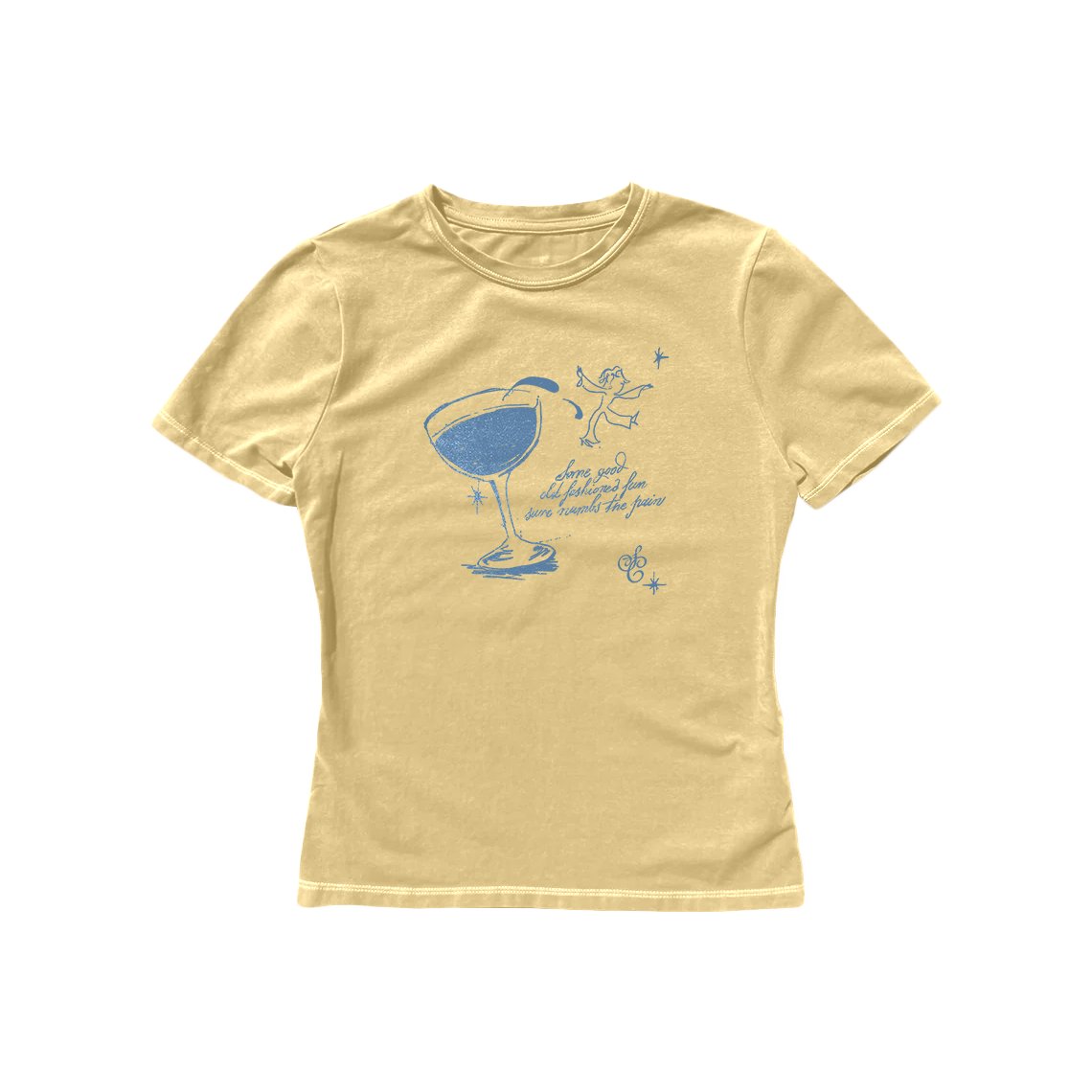sabrinabot_py's tweet card. Numb the pain, but at least look cute while doing it? Yellow baby t-shirt featuring sketch graphic and "Some good old fashioned fun sure numbs the pain" printed on front. Depiction of this product is...