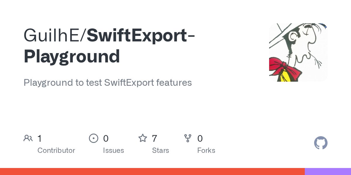 grdelgado7's tweet card. Playground to test SwiftExport features. Contribute to GuilhE/SwiftExport-Playground development by creating an account on GitHub.