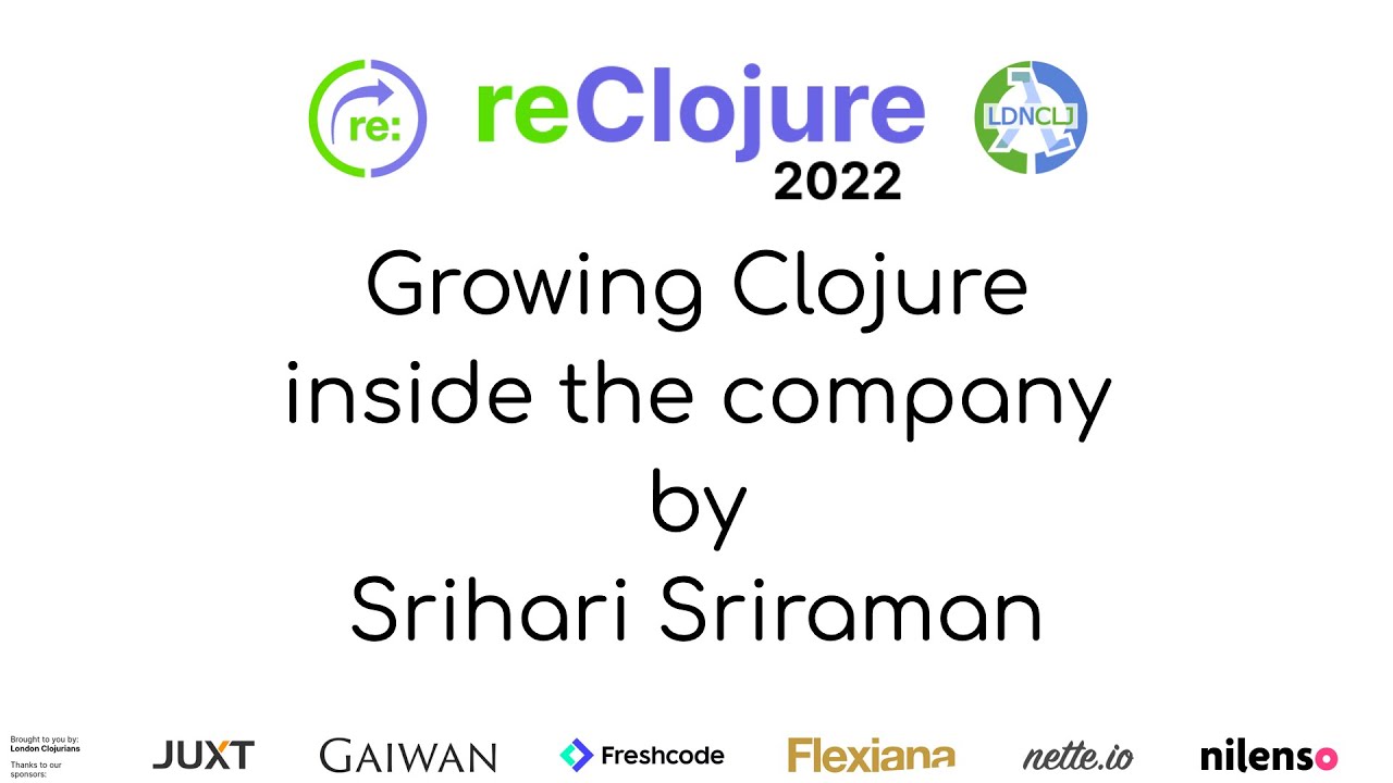 reClojure's tweet card. Growing Clojure inside the company (by Srihari Sriraman)