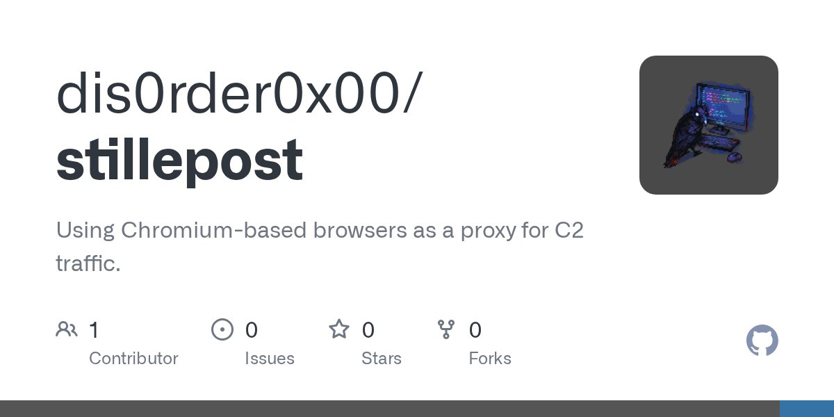 ipurple's tweet card. Using Chromium-based browsers as a proxy for C2 traffic. - dis0rder0x00/stillepost