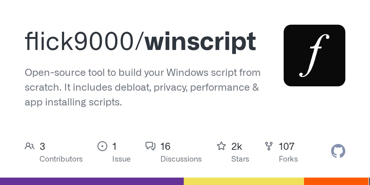 Anonym6x6's tweet card. Open-source tool to build your Windows script from scratch. It includes debloat, privacy, performance & app installing scripts. - flick9000/winscript