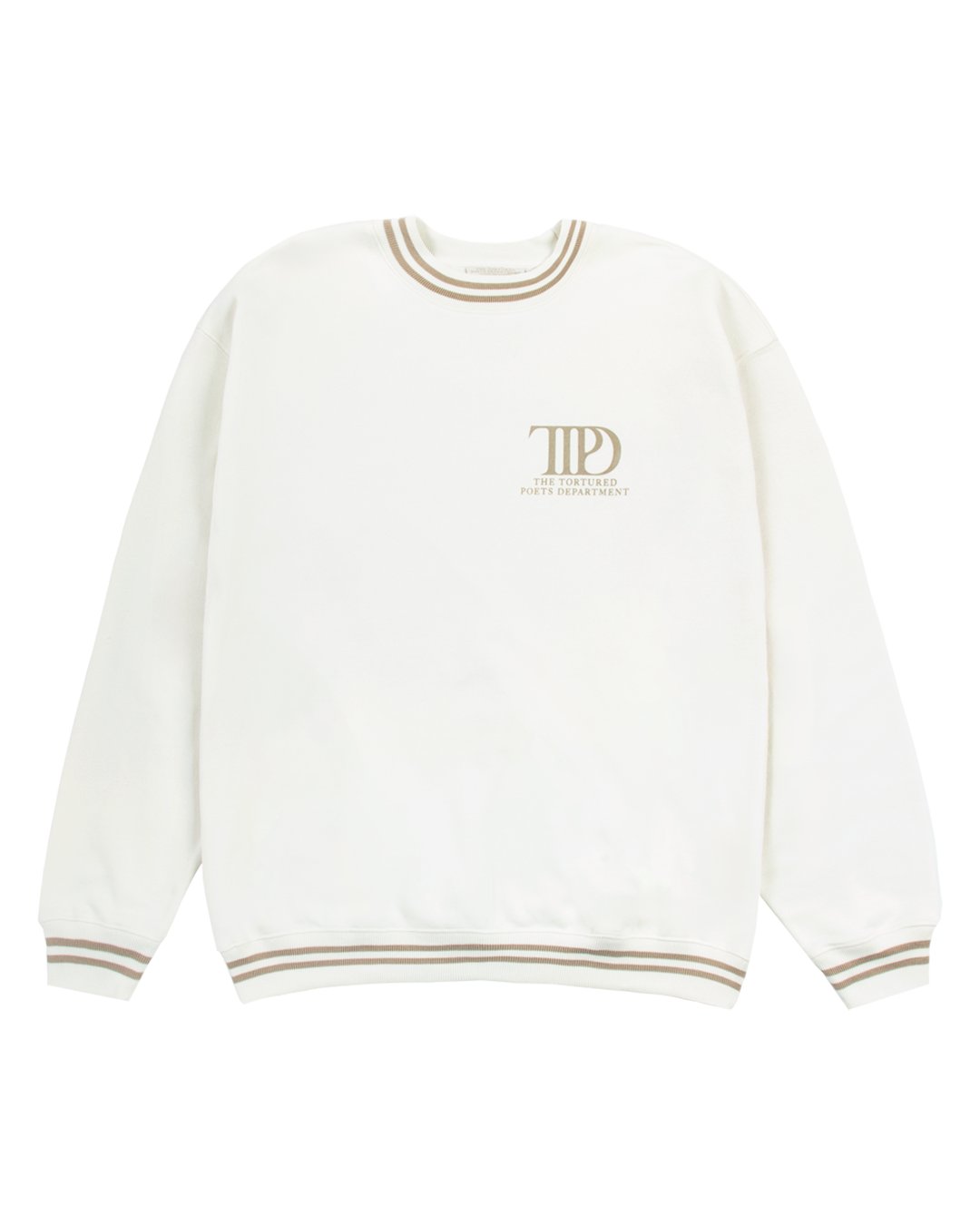 swiftpitch_py's tweet card. Ghosted white crewneck sweater featuring parchment beige contrast striped ribbing at collar, waist, and wrists with "TTPD" album logo and "The Tortured Poets Department" printed on wearer's front...