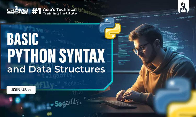 cromacampusit's tweet card. Learn the fundamentals of Python with a focus on basic syntax, variables, and essential data structures like lists, tuples, and dictionaries.