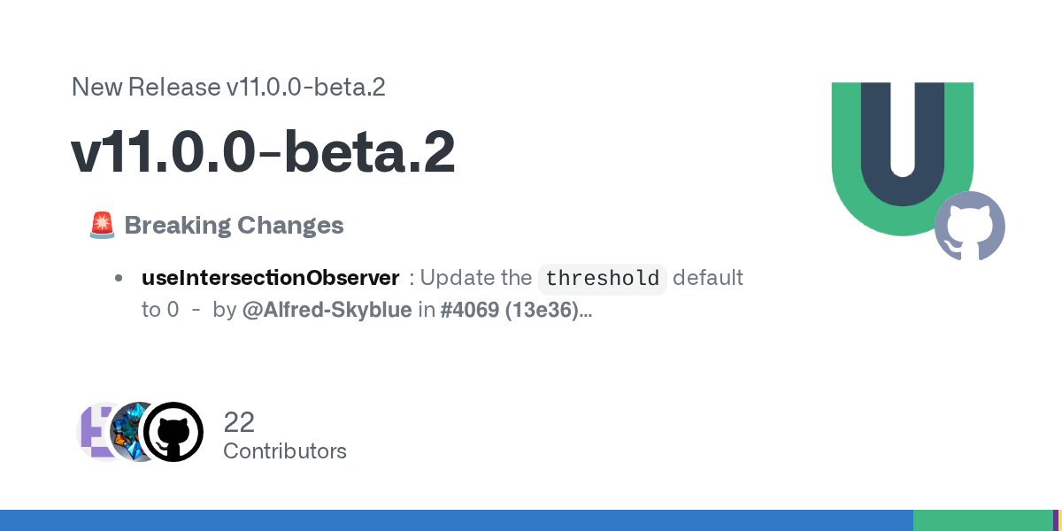 VueUse's tweet card.    🚨 Breaking Changes useIntersectionObserver: Update the threshold default to 0  -  by @Alfred-Skyblue in #4069 (13e36)    🚀 Features useCssVars: Remove property on null/undefined  -  by @ferfe...