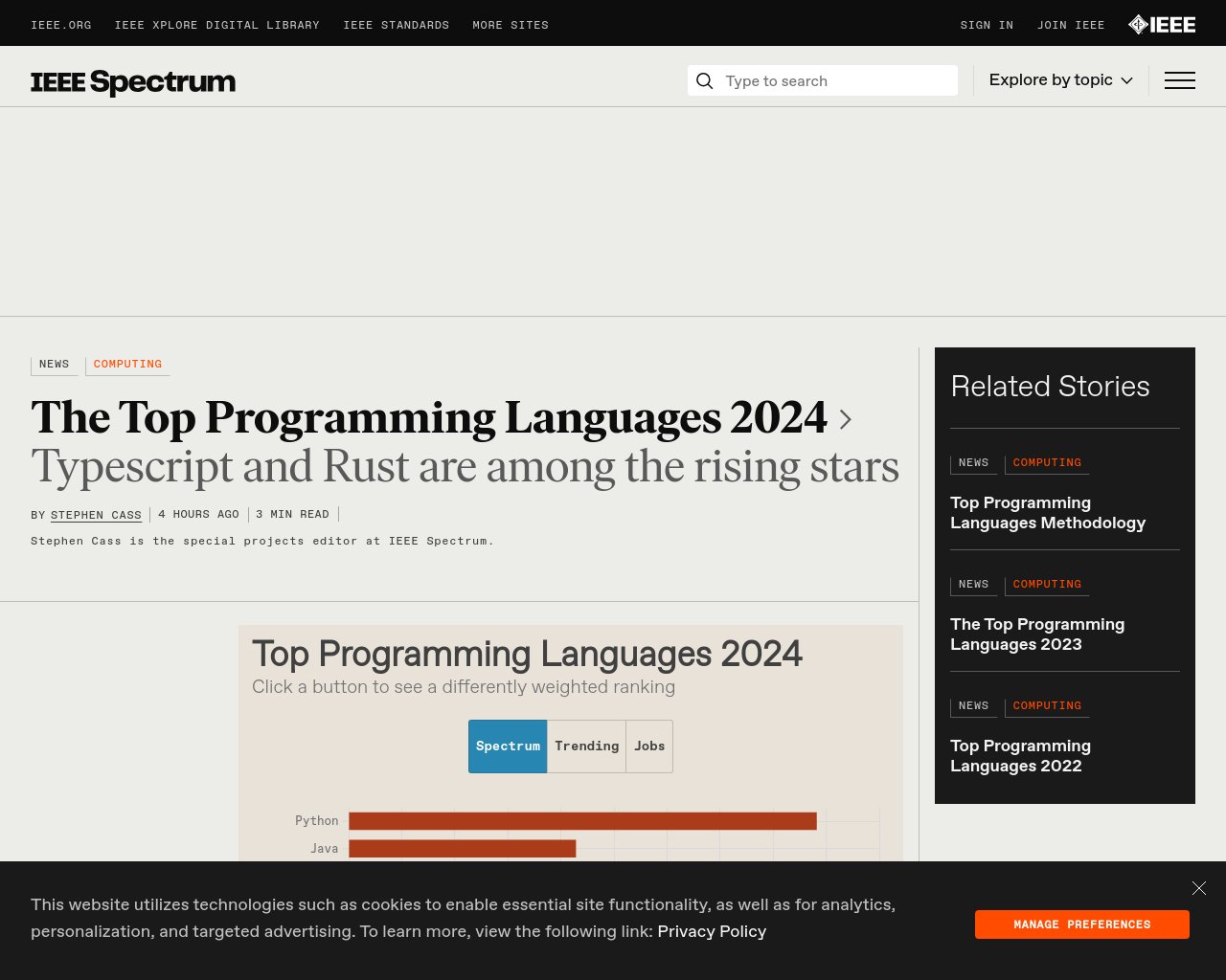 managetech_inc's tweet card. IEEE Spectrumの11回目のプログラミング言語人気ランキングによると、2024年のトッププログラミン