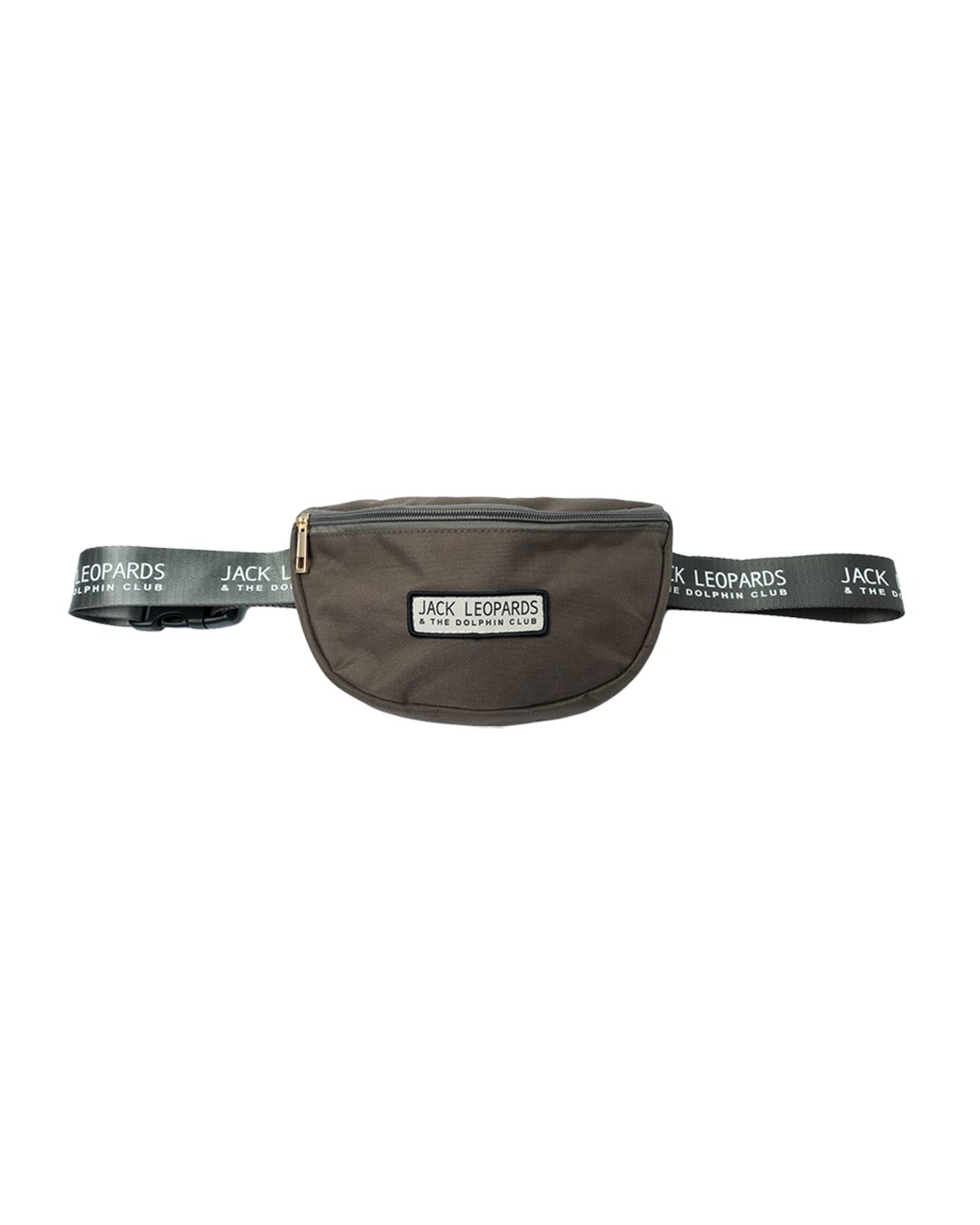 swiftpitch_py's tweet card. Brown zipper hip bag featuring "Jack Leopards & The Dolphin Club" embroidered on front woven label with "Jack Leopards & The Dolphin Club" repeating logo printed on adjustable strap with buckle...