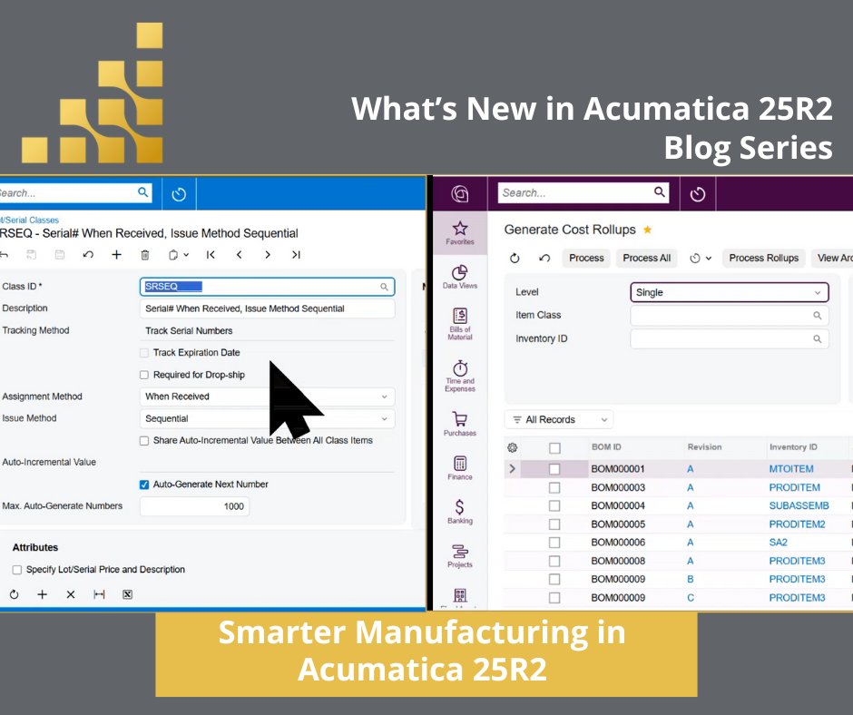 AlgorithmInc's tweet card. Discover the top Acumatica 25R2 manufacturing updates: cost rolls, lot/serial tracking, and intercompany efficiency.