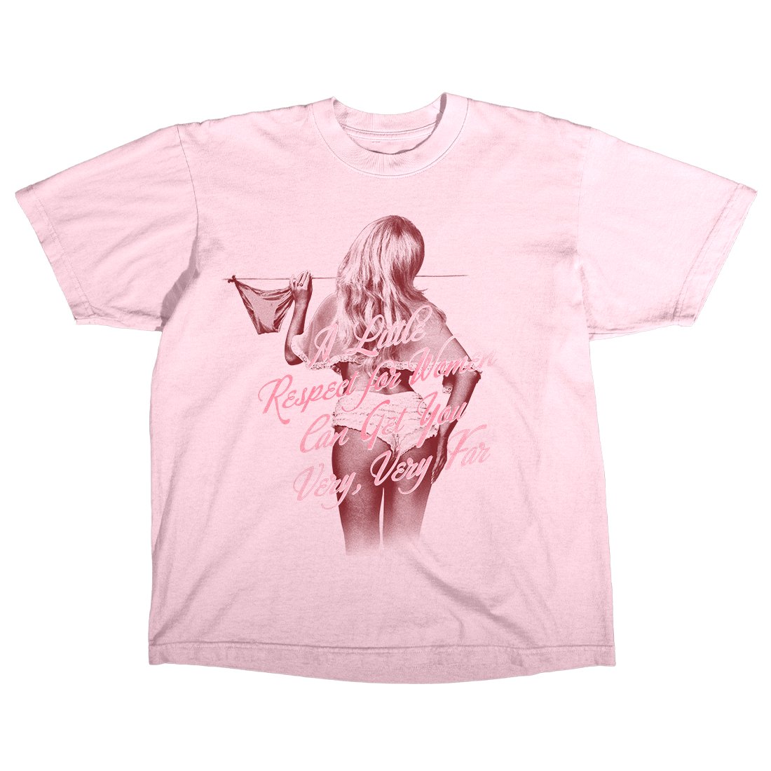 sabrinabot_py's tweet card. Oh so, oh so, oh so hot in this t-shirt Pink t-shirt featuring photo of Sabrina Carpenter and "A Little Respect for Women Can Get You A Long Way" song lyrics printed on front. Depiction of this...