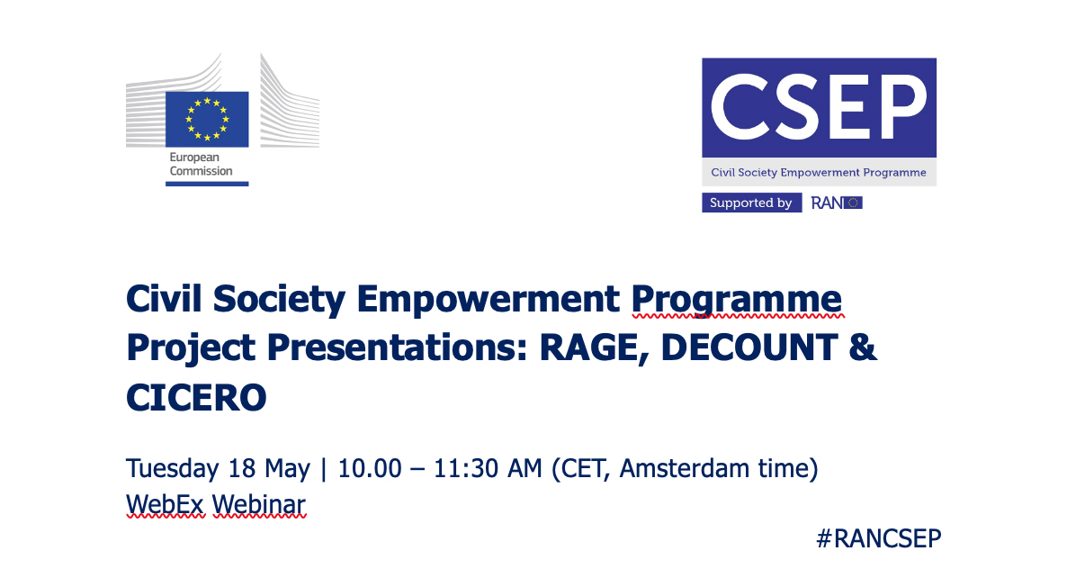 cicero_project's tweet card. Cicero | FIRST CIVIL SOCIETY EMPOWERMENT PROGRAMME WEBINAR – 18 May 2021 – organized by RAN with Michela Pollone, Cicero's Project Manager.