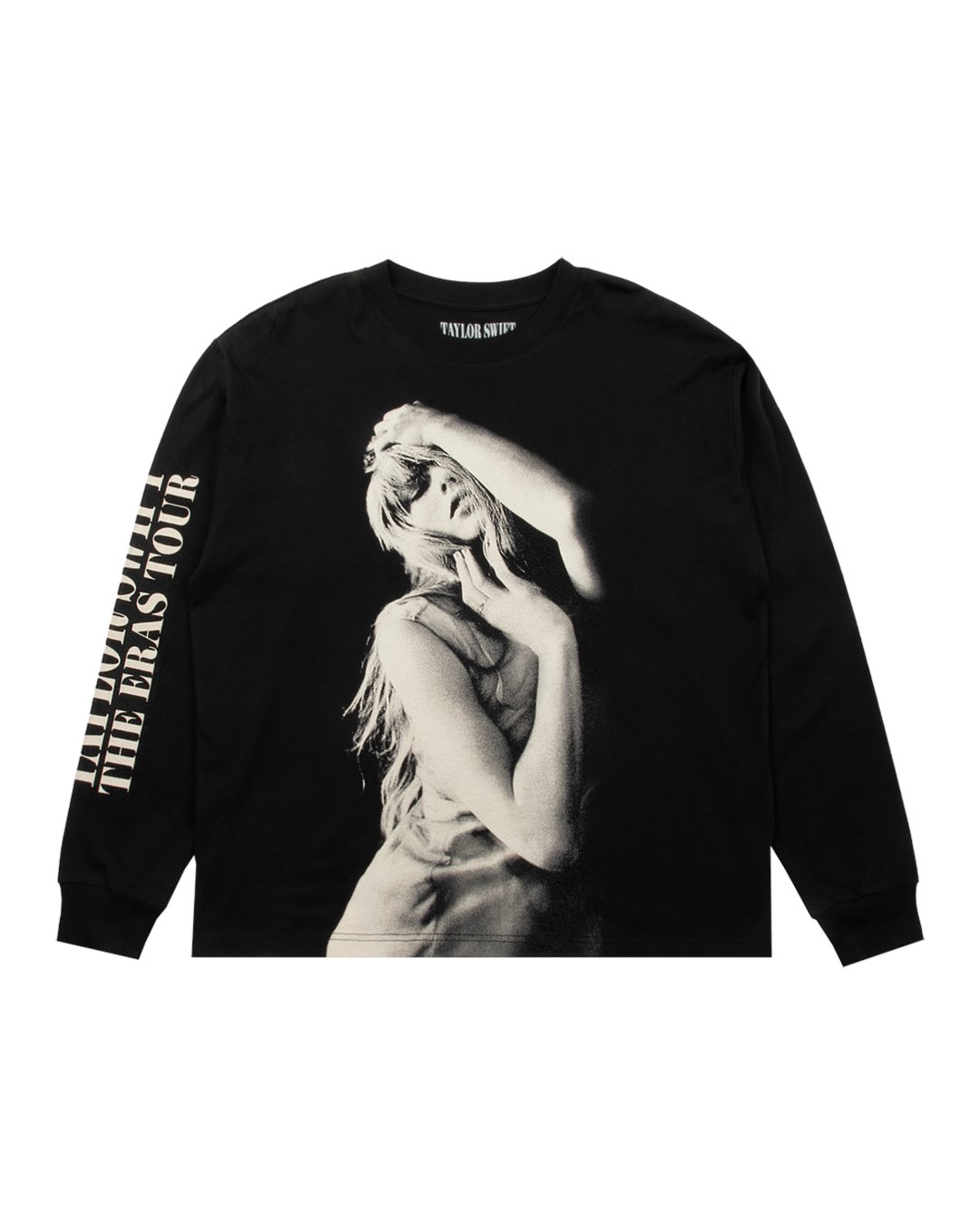 swiftpitch_py's tweet card. Black long sleeve t-shirt featuring "Taylor Swift The Eras Tour" printed on wearer's right sleeve and photo of Taylor Swift printed on front.Oversized fit.100% cottonLimit 10 per customer.Taylor...