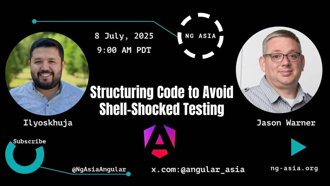 angular_asia's tweet card. Structuring Code to Avoid Shell-Shocked Testing