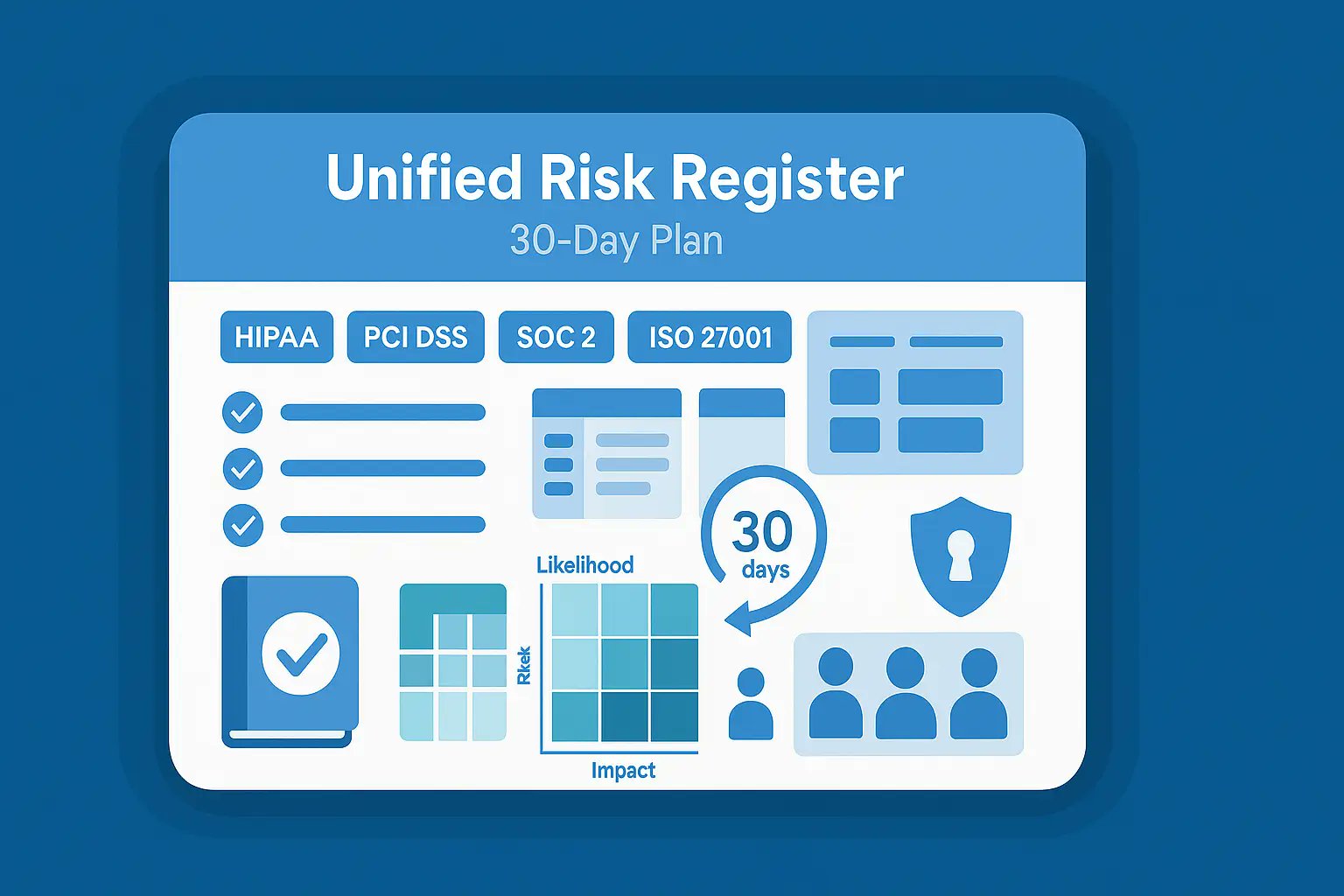 pentesttesting's tweet card. Build a Unified Risk Register in 30 days. Map HIPAA, PCI DSS, SOC 2, ISO 27001 & GDPR into one prioritized remediation plan with scoring, RACI, and evidence.