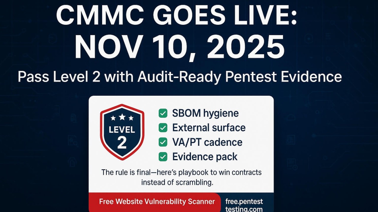 pentesttesting's tweet card. DoD’s CMMC final rule is effective Nov 10, 2025. Use this playbook—SBOM hygiene, attack-surface cuts, and pentest evidence—to win Level 2.