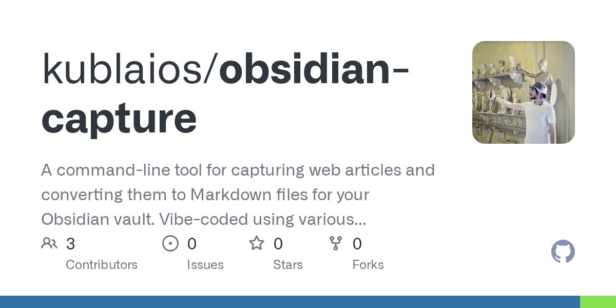 iOSSwift's tweet card. A command-line tool for capturing web articles and converting them to Markdown files for your Obsidian vault. Vibe-coded using various agents. - kublaios/obsidian-capture