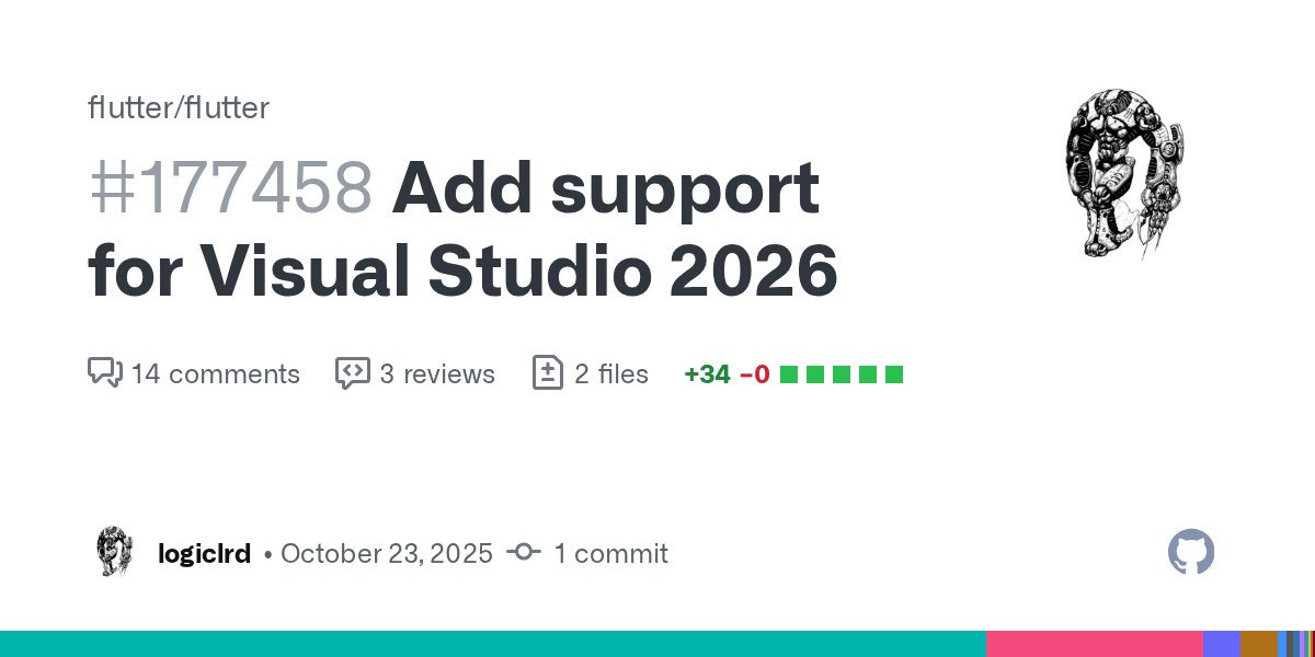 AtriaSoft's tweet card. Adds a mapping for Visual Studio 2026 to the cmakeGenerator property used to drive Windows builds, enabling Flutter to be used for development on a system with Visual Studio 2026 installed and not ...
