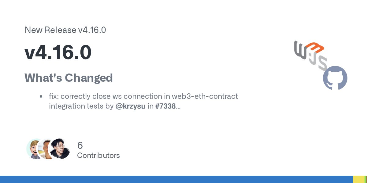 web3_js's tweet card. What's Changed fix: correctly close ws connection in web3-eth-contract integration tests by @krzysu in #7338 fix: export Web3Account, Wallet and signature related types by @krzysu in #7374 fix...