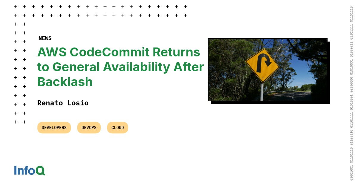 JavaWales's tweet card. AWS recently announced that the managed source control service AWS CodeCommit is again generally available and that new features, including Git Large File Storage, will be added early in 2026. This...