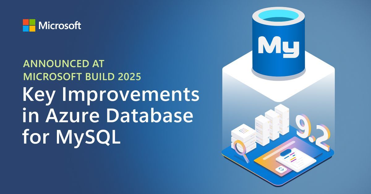 AzureDBMySQL's tweet card. Today, we're announcing a series of updates to Azure Database for MySQL designed to improve failover performance, operational visibility, and version support...