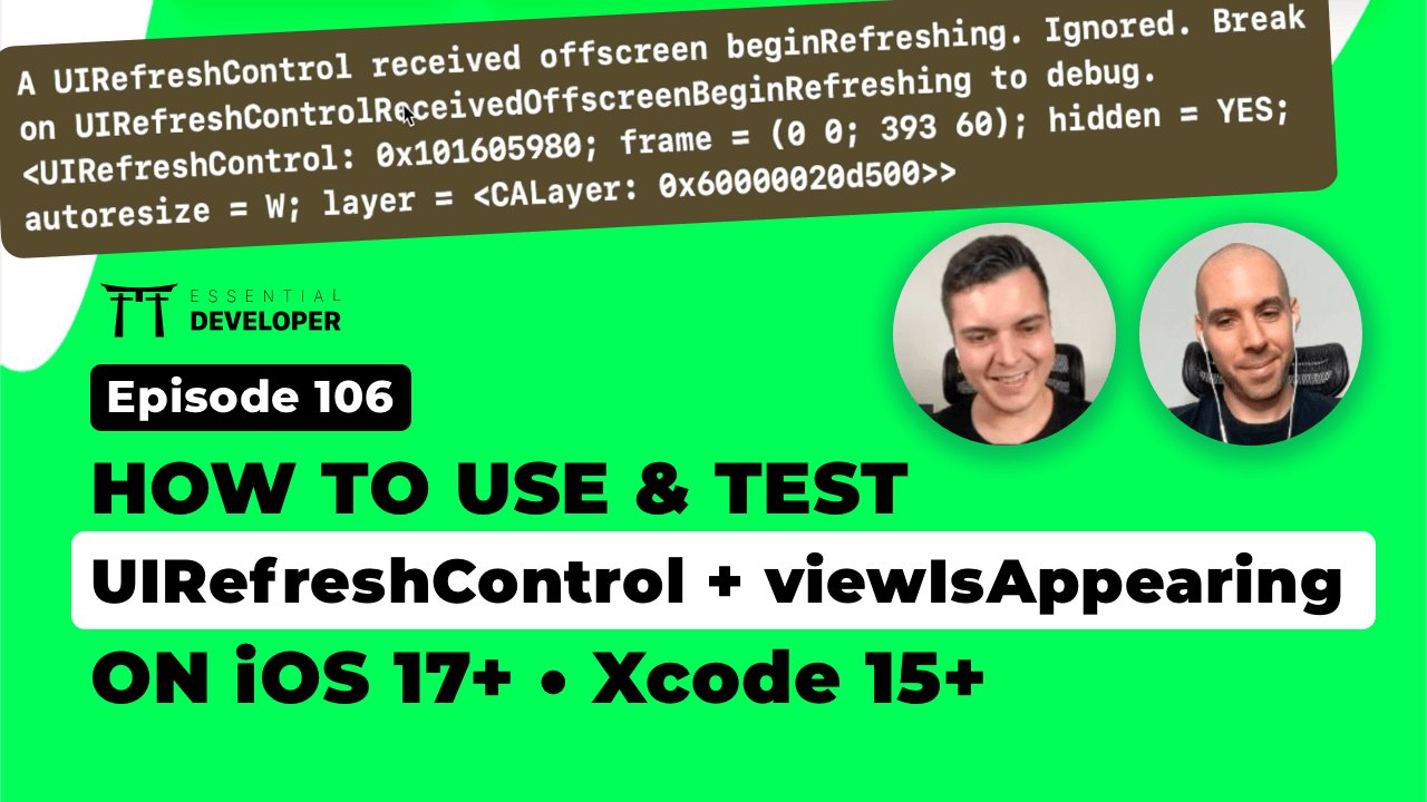 essentialdevcom's tweet card. 😱 Are your iOS apps logging the warning "⚠️ A UIRefreshControl received offscreen beginRefreshing. Ignored." on Xcode 15+?
