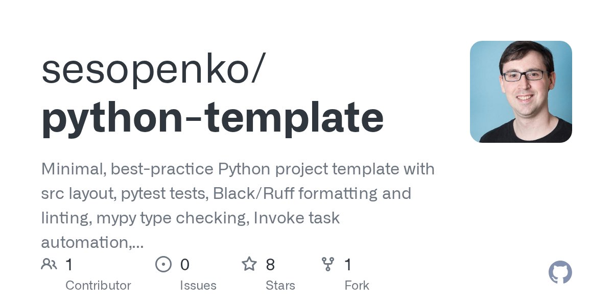 clxymox's tweet card. Minimal, best-practice Python project template with src layout, pytest tests, Black/Ruff formatting and linting, mypy type checking, Invoke task automation, and pip-tools–based dependency managemen...