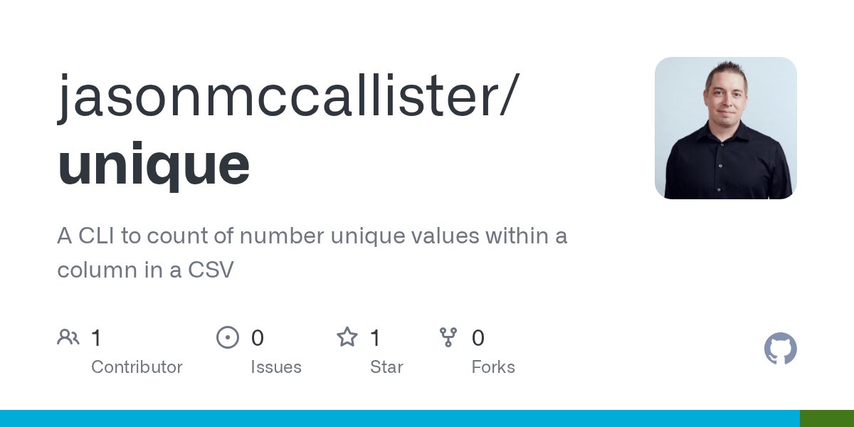 mccallisterdev's tweet card. A CLI to count of number unique values within a column in a CSV - jasonmccallister/unique