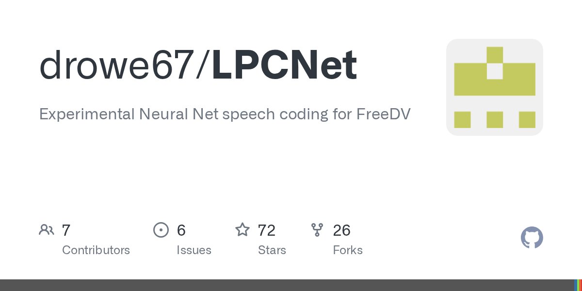 oss_clang's tweet card. Experimental Neural Net speech coding for FreeDV. Contribute to drowe67/LPCNet development by creating an account on GitHub.