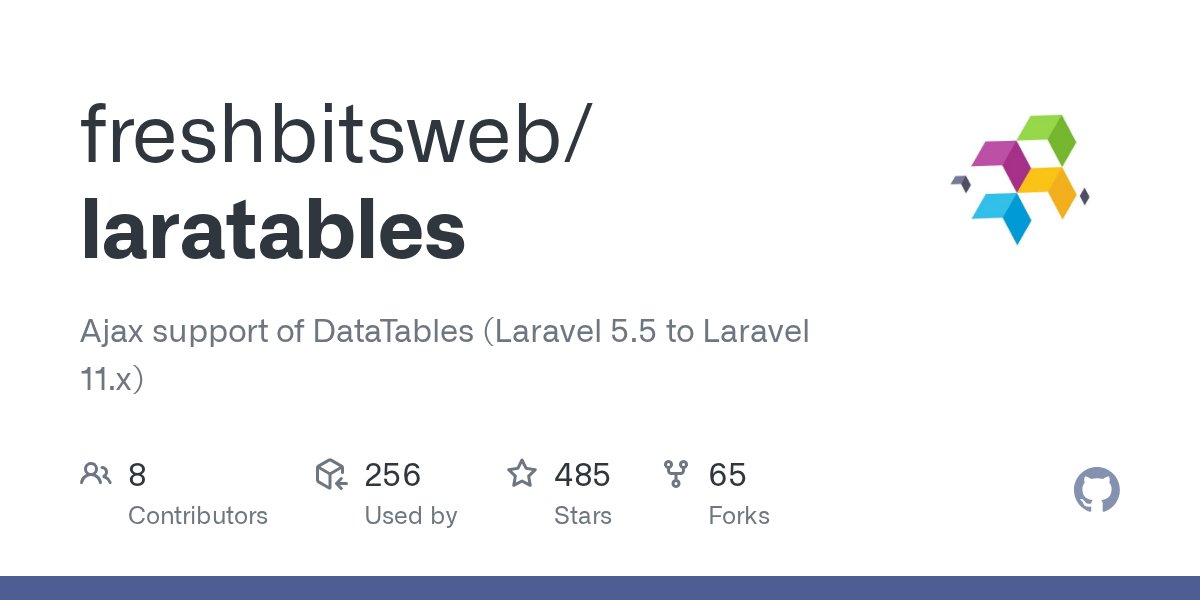 LaravelLinks's tweet card. Ajax support of DataTables (Laravel 5.5 to Laravel 11.x) - freshbitsweb/laratables