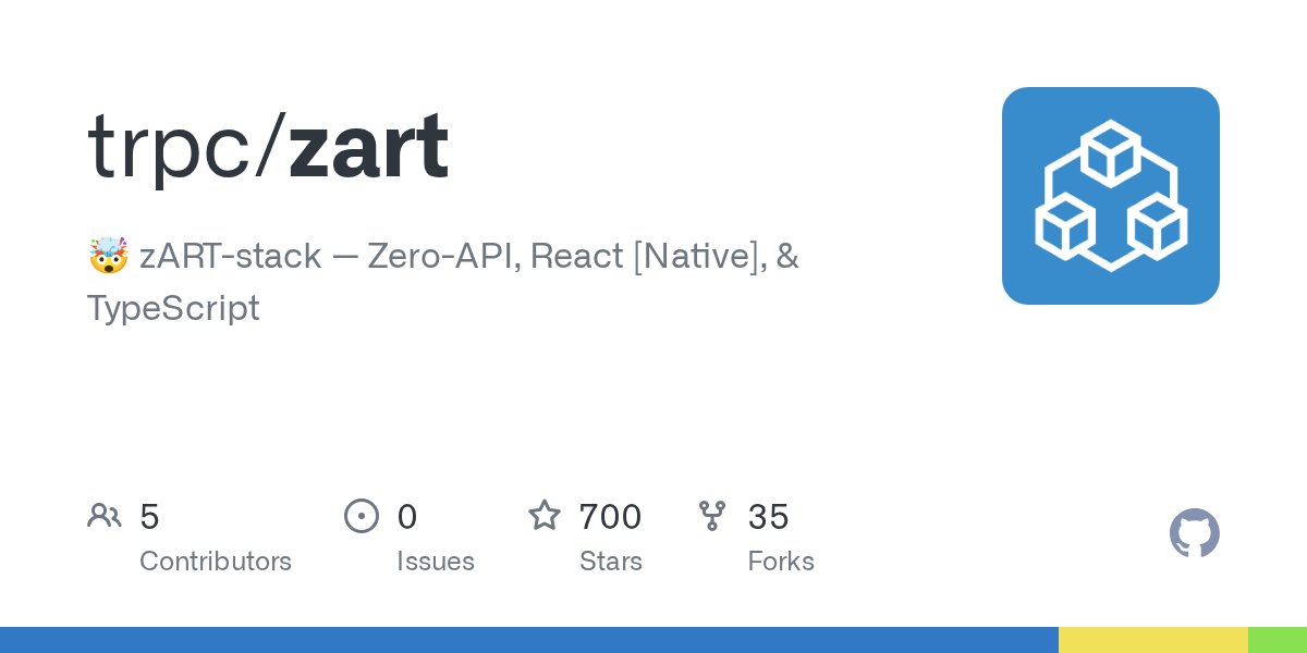 alexdotjs's tweet card. 🤯 zART-stack — Zero-API, React [Native], & TypeScript - trpc/zart