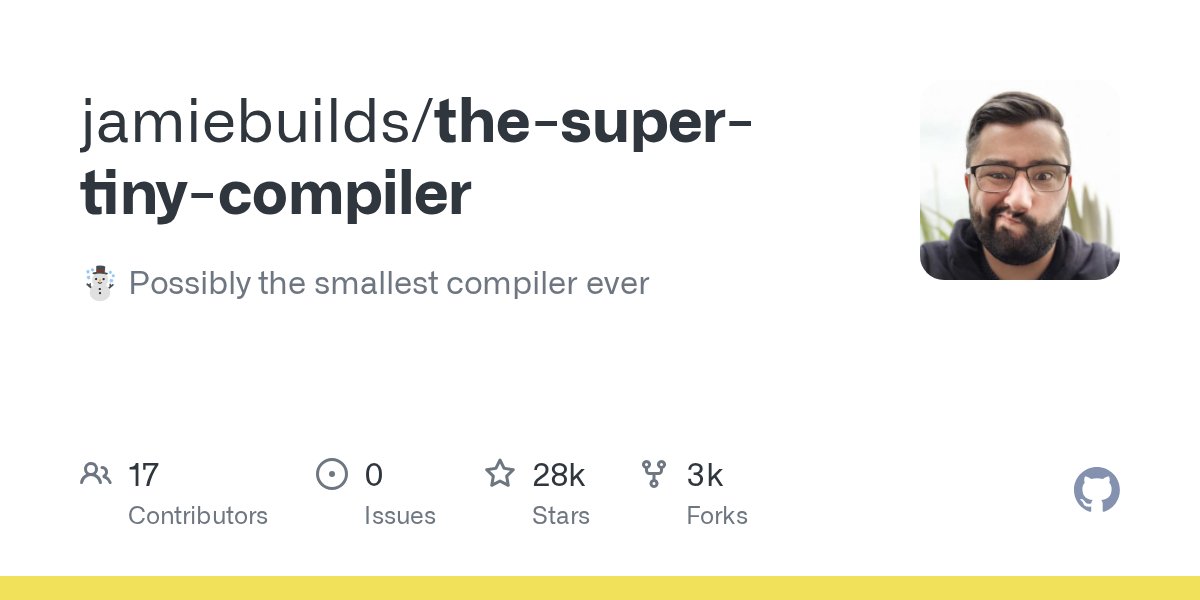 weijunext's tweet card. :snowman: Possibly the smallest compiler ever. Contribute to jamiebuilds/the-super-tiny-compiler development by creating an account on GitHub.