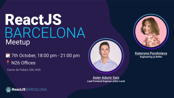 ReactJsBCN's tweet card. October Meetup is here! Let's gooo! We have some amazing speakers, and pizza and beer will be available after the event. ────────── **18:00: Welcome** Grab a beer, a snack,