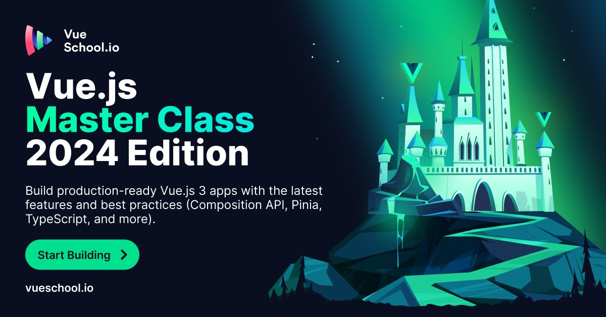 VueSchool_io's tweet card. Build a full app from scratch using best practices & the latest tech for Vue.js 3 (Composition API, Pinia, Tailwind, Typescript, Vite & more). Now released!