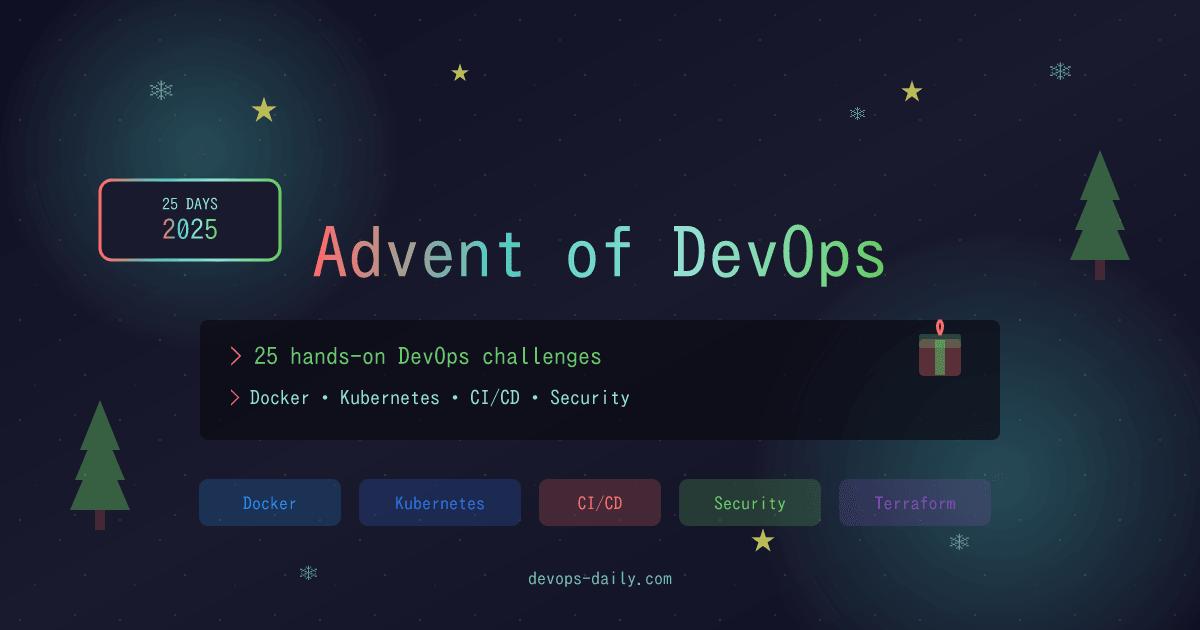 thedevopsdaily's tweet card. Join 25 days of hands-on DevOps challenges covering Docker, Kubernetes, CI/CD, and more!
