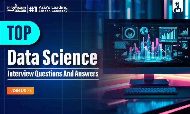 cromacampusit's tweet card. Data Science Interview Questions and Answers: Q1. What is Data Science? Q2. What are the different stages of a data science project?