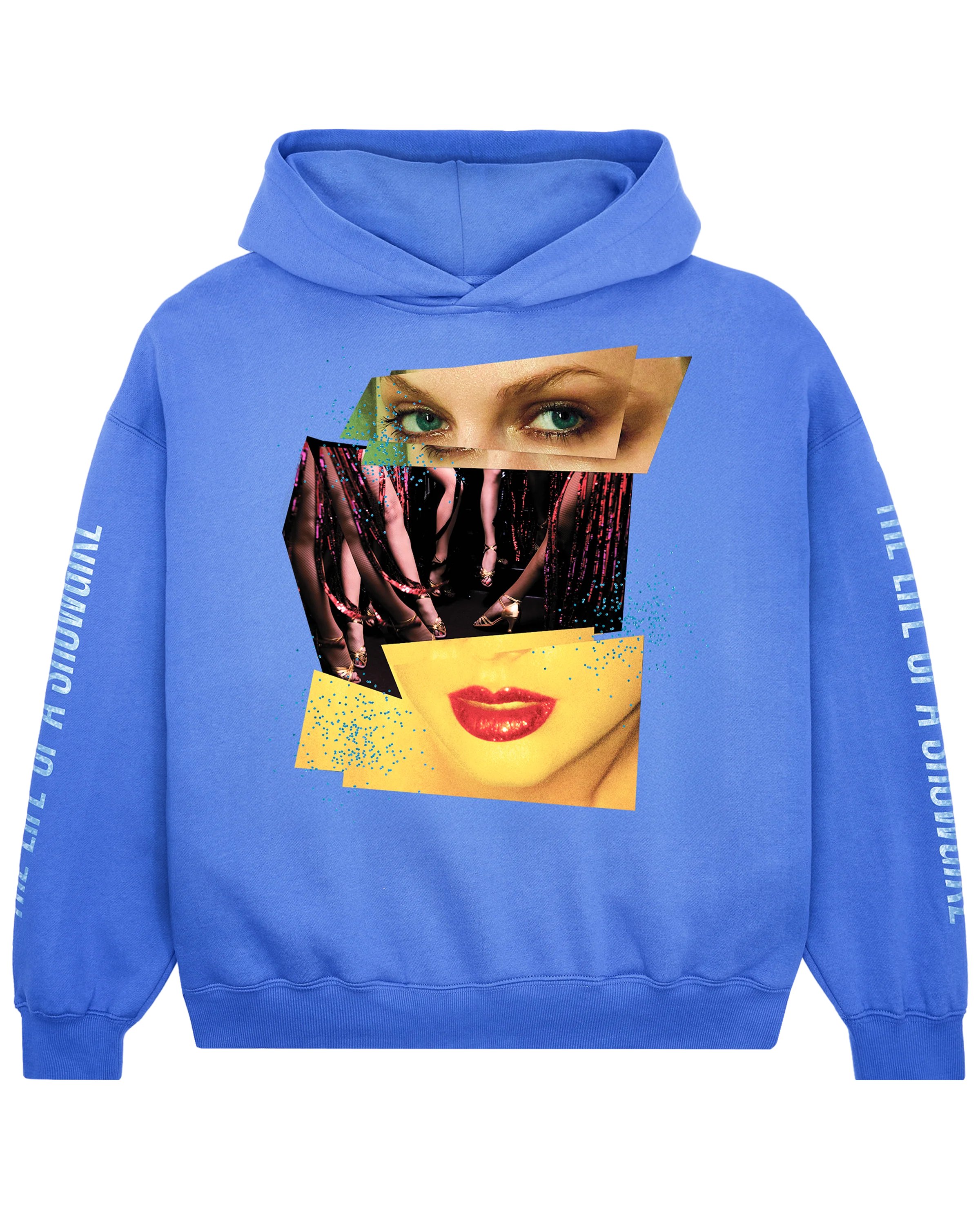 swiftpitch_py's tweet card. Violet blue hoodie with side pockets featuring mosaic of photos of Taylor Swift printed on front and "The Life of a Showgirl" album logo in mint green sparkle print down both sleeves.Standard...