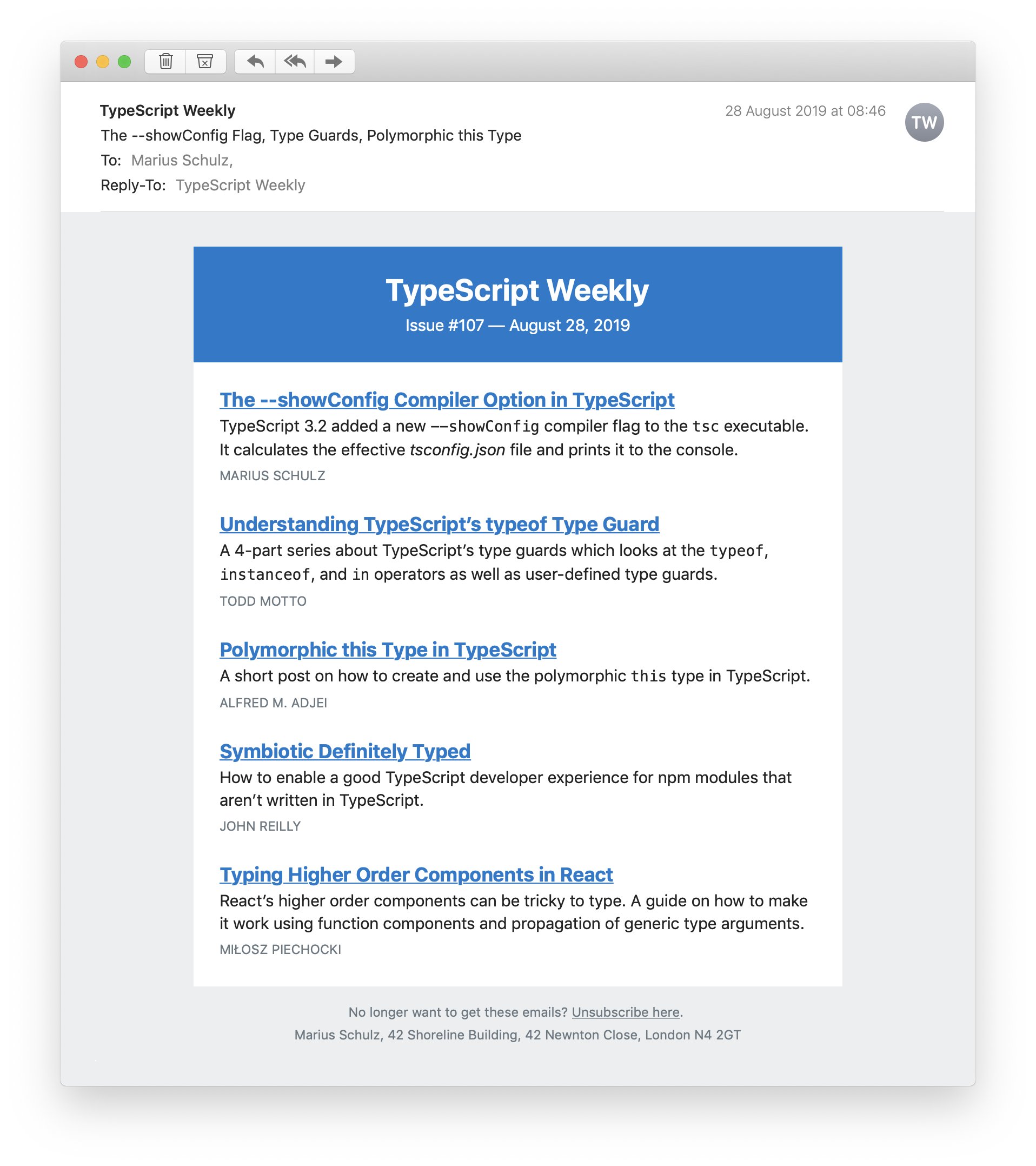 TypeScriptDaily's tweet card. The best TypeScript links every week, right in your inbox.