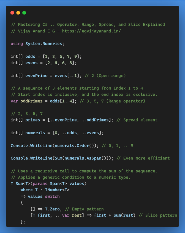 mauibuddy's tweet card. Explore C#'s powerful dot-dot operator for creating ranges, slices, and spread elements in sequences. Enhance your coding skills today!