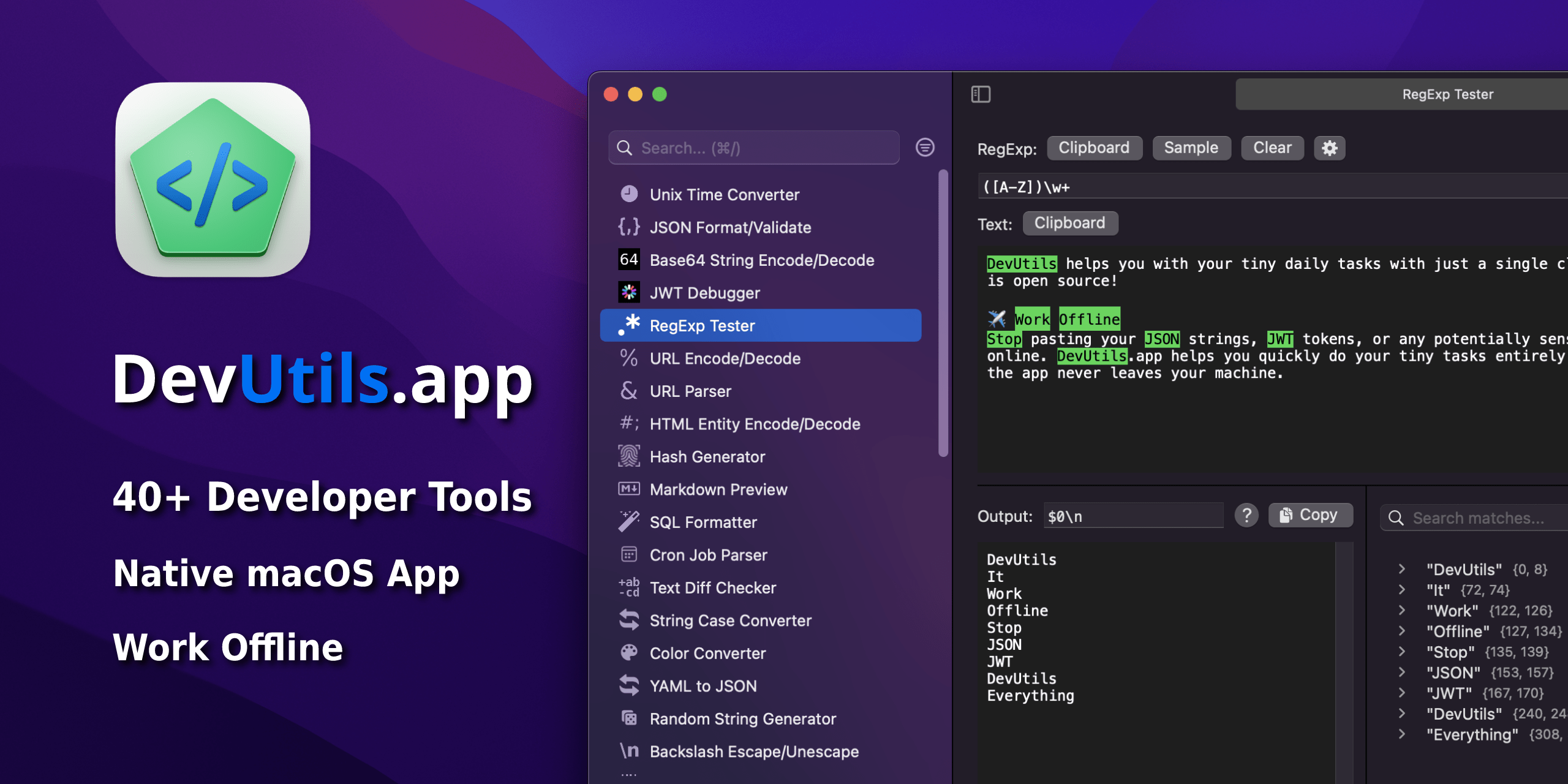 devutils_app's tweet card. Powerful developer tools to help you with your everyday tasks. Native macOS app, work offline, and respect your data.