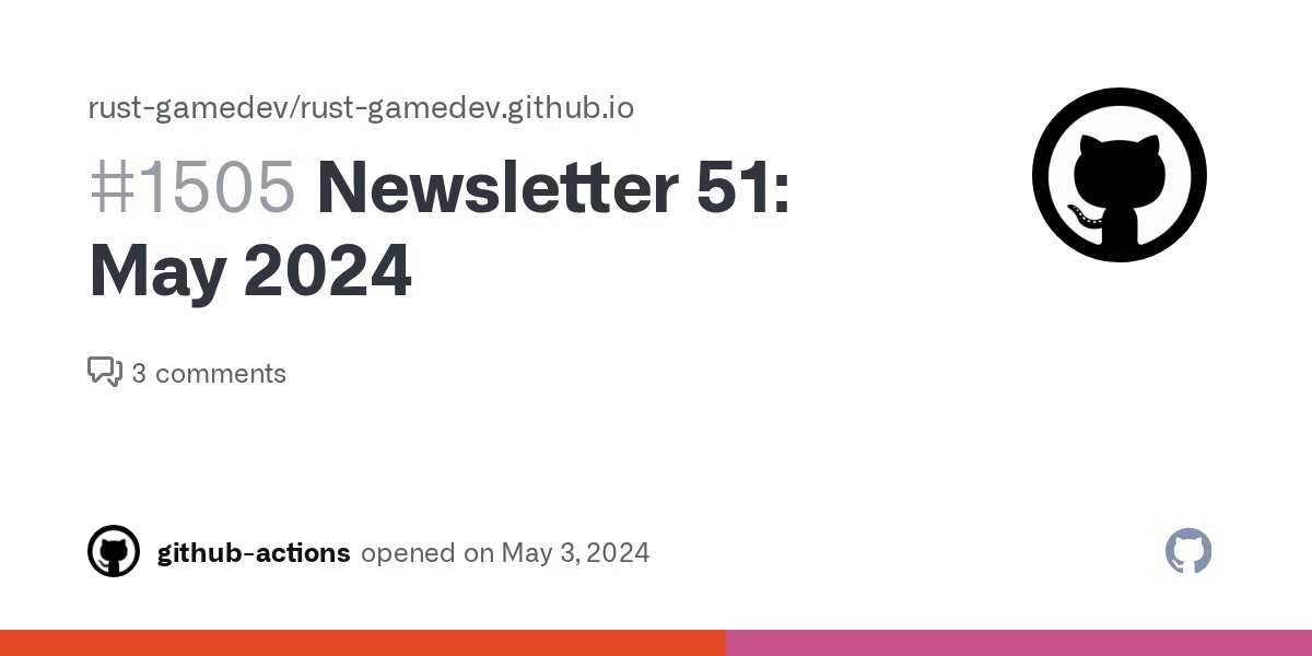rust_gamedev's tweet card. Editors: @janhohenheim, @AngelOnFira, @mamaicode Another month has gone by, so it's time to put together the Rust Gamedev newsletter with May's news! Current Schedule The deadline for all s...