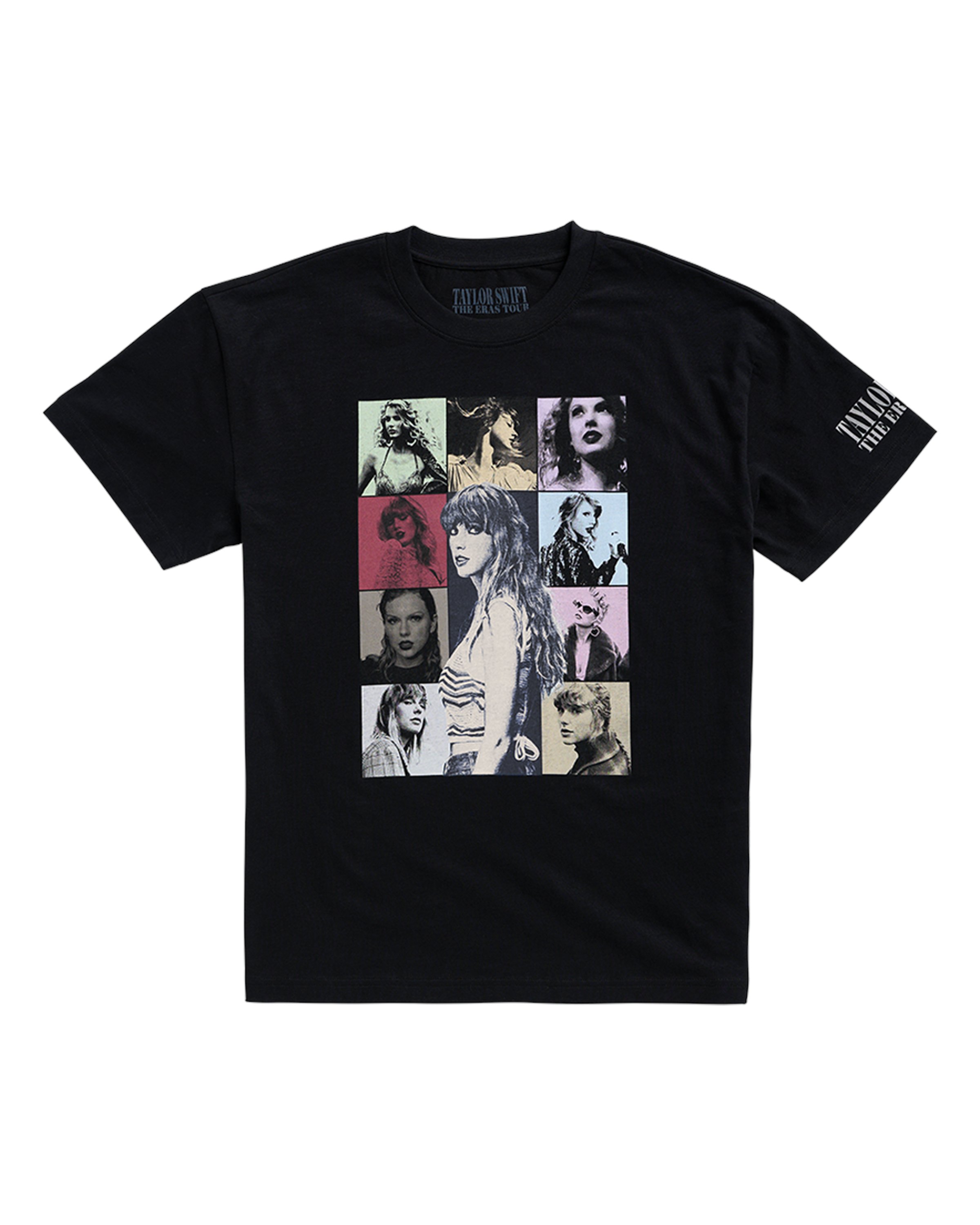 swiftpitch_py's tweet card. Black t-shirt featuring photos of Taylor Swift printed on front and "Taylor Swift | The Eras Tour" printed on wearer's left sleeve with "Taylor Swift | The Eras Tour", tour locations, and Taylor...