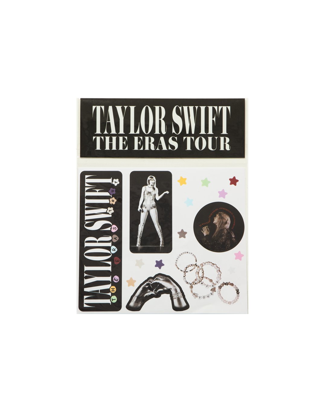 swiftpitch_py's tweet card. Set of 15 stickers with "Taylor Swift The Eras Tour", heart hands, photos of Taylor Swift, and friendship bracelet and star designs printed on front. PLEASE NOTE, sticker pack photographed with...